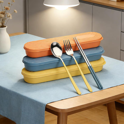 3-Piece Reusable Cutlery Set with Case - Stainless Steel, Heart-Shaped, Includes Chopsticks, Knife, Fork, Spoon, Travel & Camping (ORANGE)
