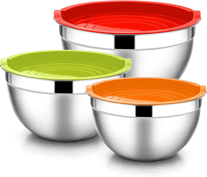 E-far Mixing Bowls With Lids Sets of 5, 10-Piece Stainless Steel Salad Metal Nesting Bowl for Baking Cooking and Prepping, Airtight Lid & Stackable Design, Size 4.6, 3, 2.1, 1.5, 0.7 QT, Black