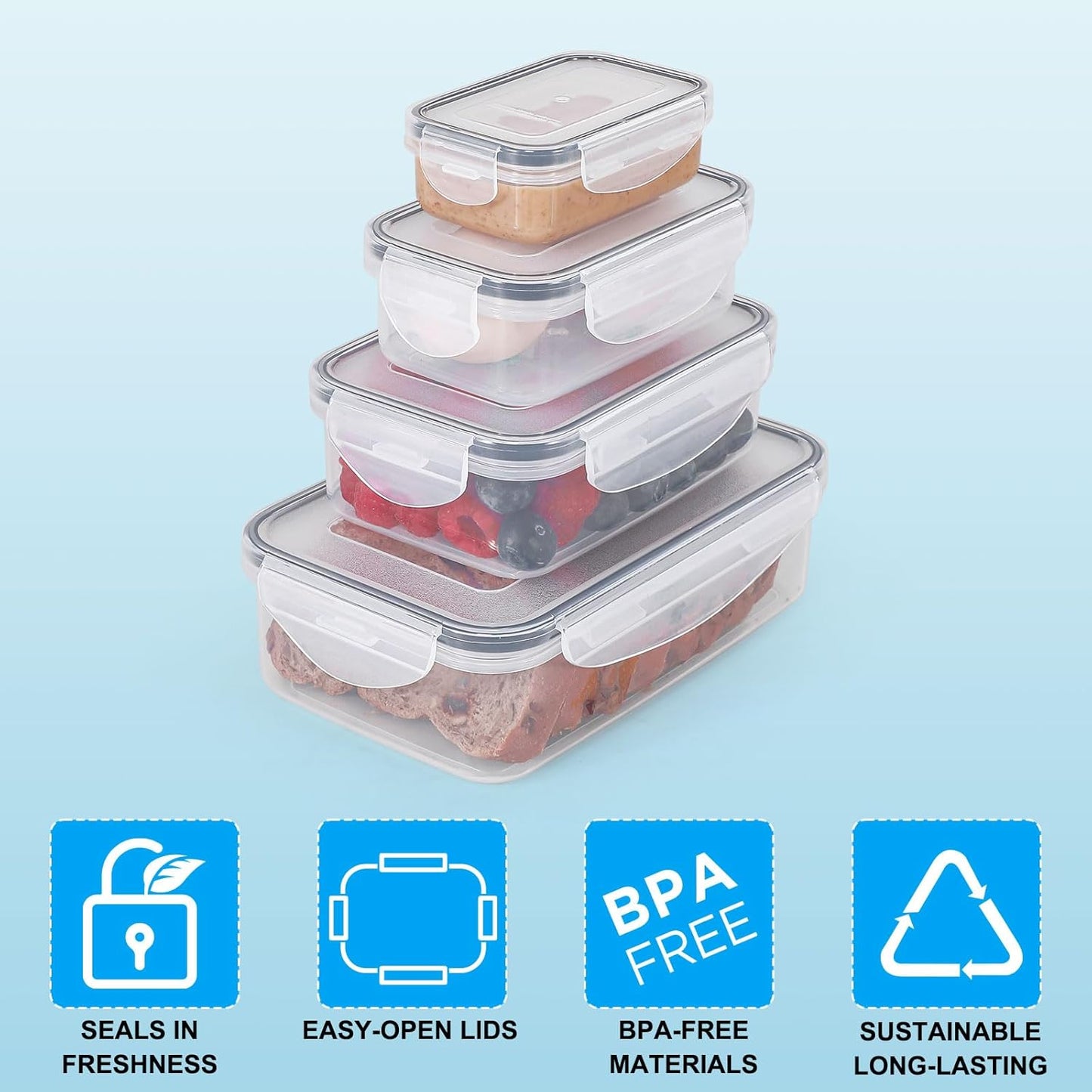 4 PCS Food Storage Containers with Lids - 100% Leak-Proof Plastic Meal-Prep Containers for Kitchen Storage and Dining out, BPA-Free, Dishwasher & Microwave Safe (Rectangle)