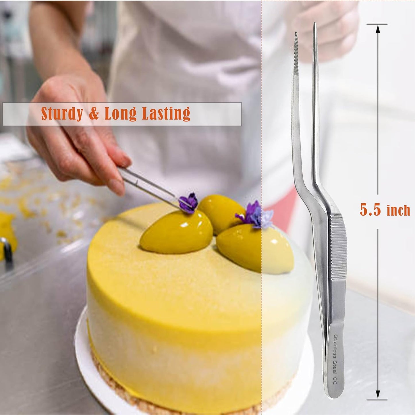 A2Z Offset Kitchen Tweezers, Stainless Steel Precision Tongs For Cooking, Fine Point Serrated Tips Multi-function Cooking Tongs Kitchen Serving Tong, Plates Garnish, Cake Decorating (10 inch)