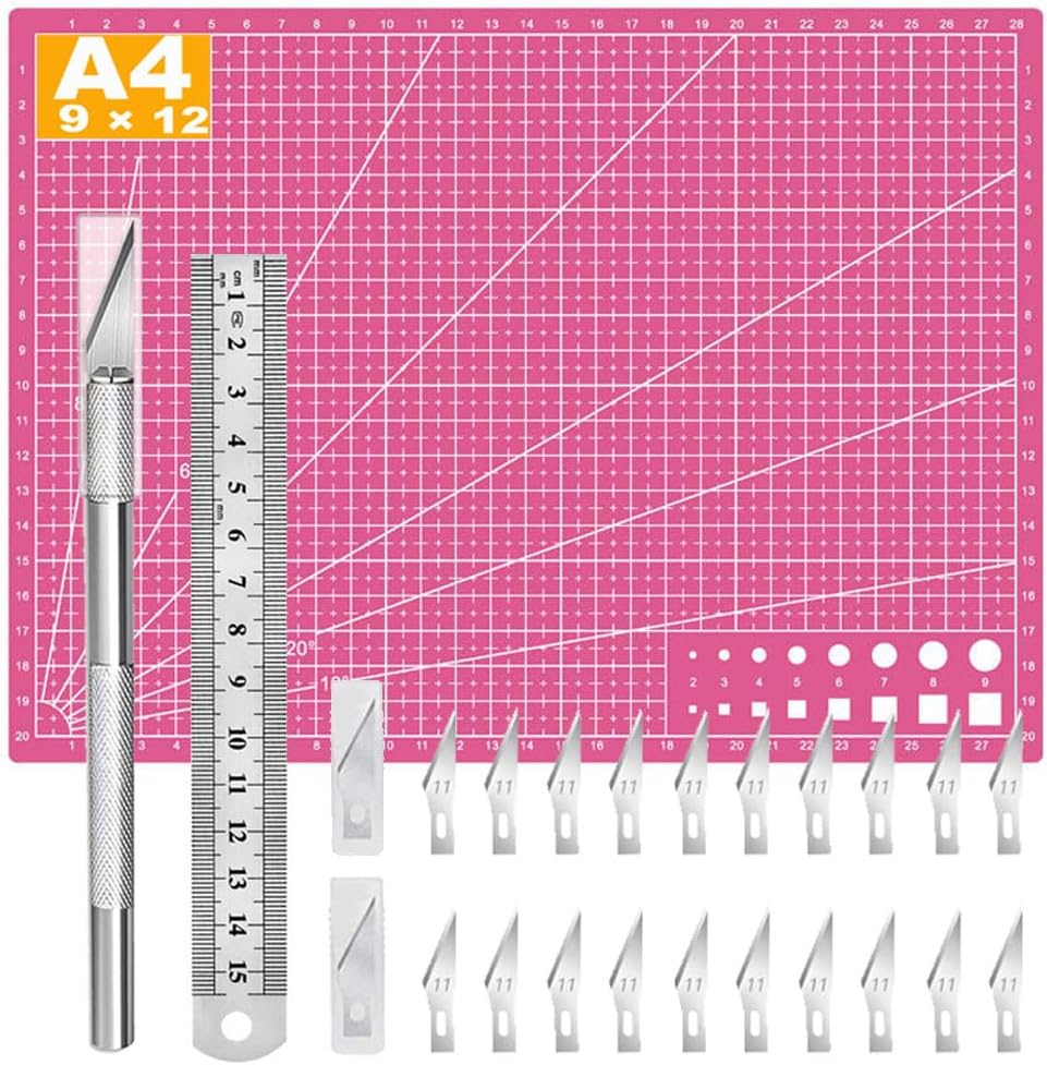 Self Healing Sewing Mat, Exacto Knife Precision Carving Craft Hobby Knife Kit for DIY Art Work Cutting, Hobby, Stencil, Scrapbooking-A4 (Pink)