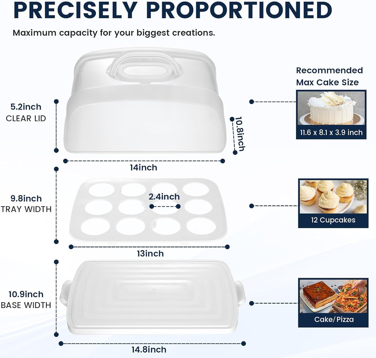 VGOODALL Cake Carrier with Lid and Handle, 12 Capacity Cupcake Holder for Muffin Pies Candies Fruits Snacks Desserts, Perfect for Sheet Cakes, Dishwasher Safe