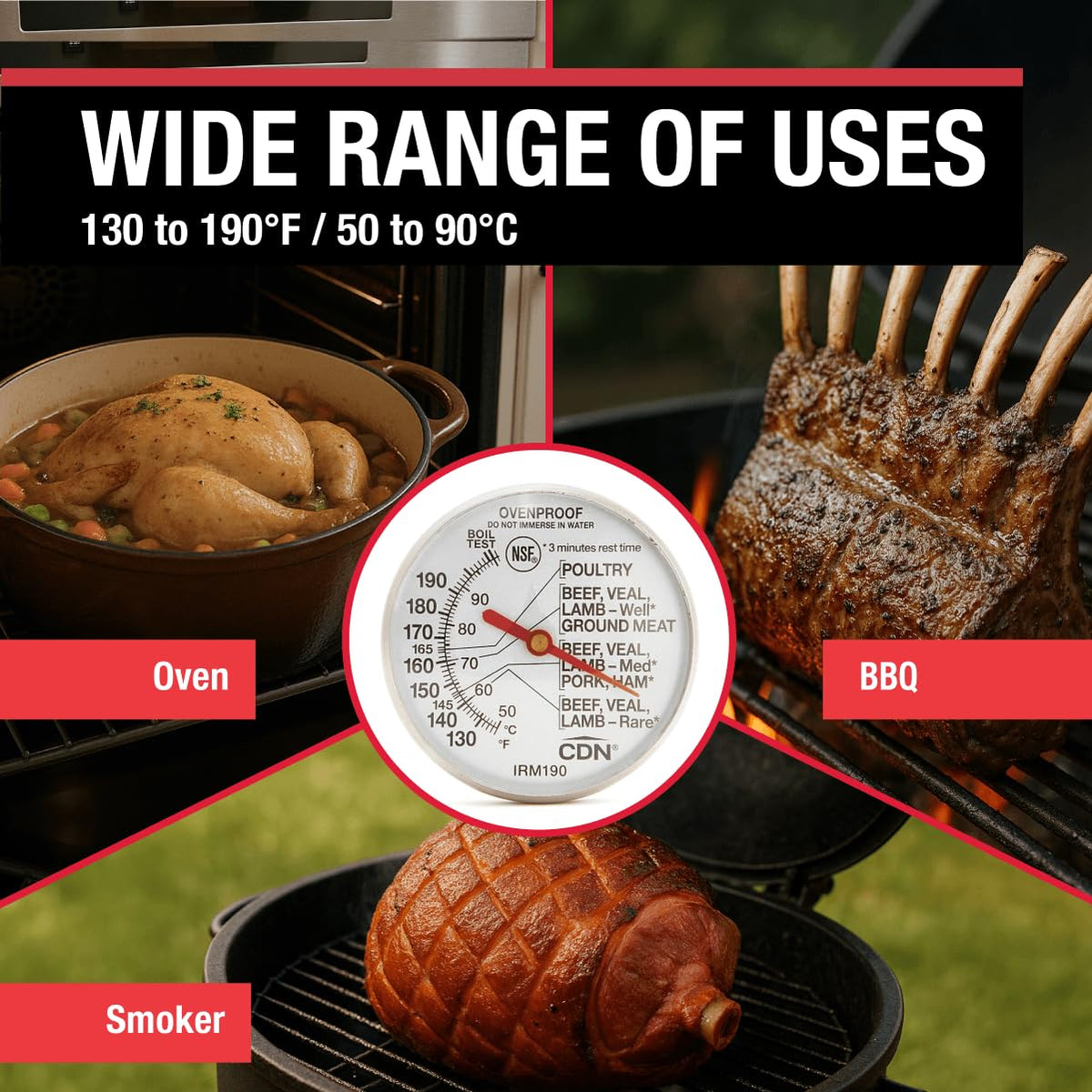 CDN Ovenproof Meat Thermometer | NSF® Certified | ProAccurate® | 1.75" Dial | For Oven & Grill Cooking | Durable Stainless Stem | Fast & Accurate Readings | IRM190