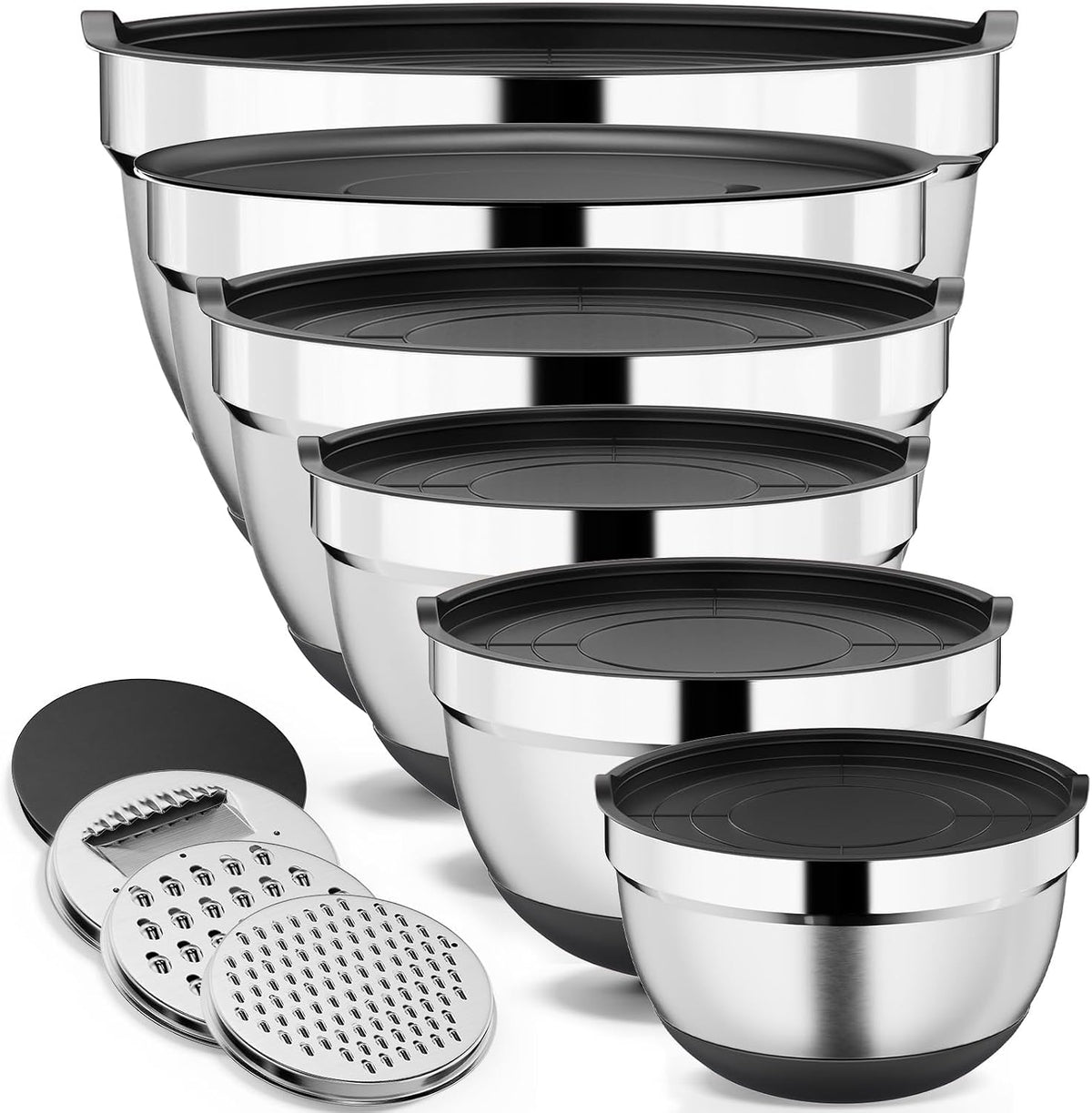 9 Pack Mixing Bowls with Airtight Lids & Grater Attachments, Khaki