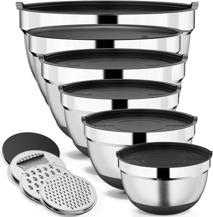 9 Pack Mixing Bowls with Airtight Lids & Grater Attachments, Khaki