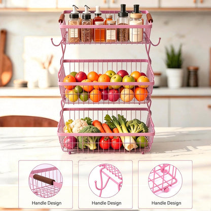 2-Tier Stackable Wire Basket with 2 Banana Hooks, Pantry Organizer for Kitchen Countertops, Cabinets & Under-Sink Spaces; Ideal for Storing Snacks, Fruits, Veggies, Onions, Potatoes, & More,Black