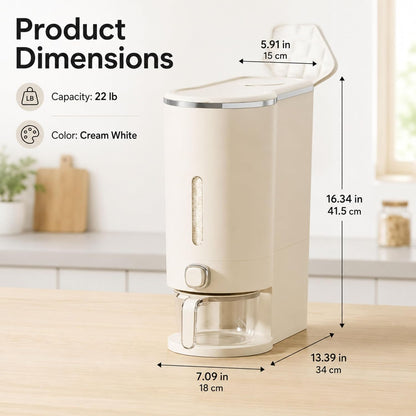 ROOM127 Slim Rice Dispenser 11 Lbs, Airtight Rice Storage Container with Measuring Cup, One-Touch Dry Food & Cereal Dispenser with Clear Window for Kitchen Countertop, Milk Tea Brown