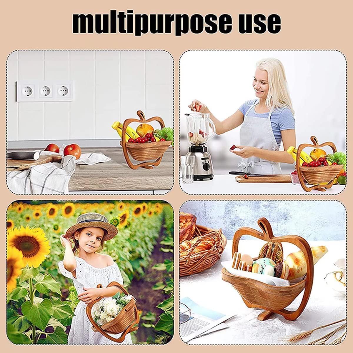 Foldable Bamboo Dried Fruit Basket Apple Shaped Collapsible Bread Nuts Baskets Candy Gifts Fruit Bowl Holder Wooden Snack Box for Kitchen Table