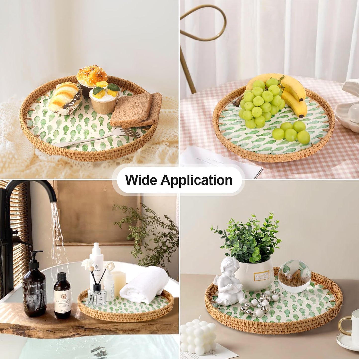 Round Rattan Tray with Mother of Pearl Inlay, Rattan Serving Tray for Coffee, Bread, Fruits, Decorative Wicker Tray for Table Decor, Home Decor, Kitchen Island Decor(Black Checkerboard, 11.8")