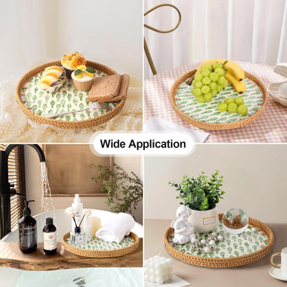 Round Rattan Tray with Mother of Pearl Inlay, Rattan Serving Tray for Coffee, Bread, Fruits, Decorative Wicker Tray for Table Decor, Home Decor, Kitchen Island Decor(Black Checkerboard, 11.8")