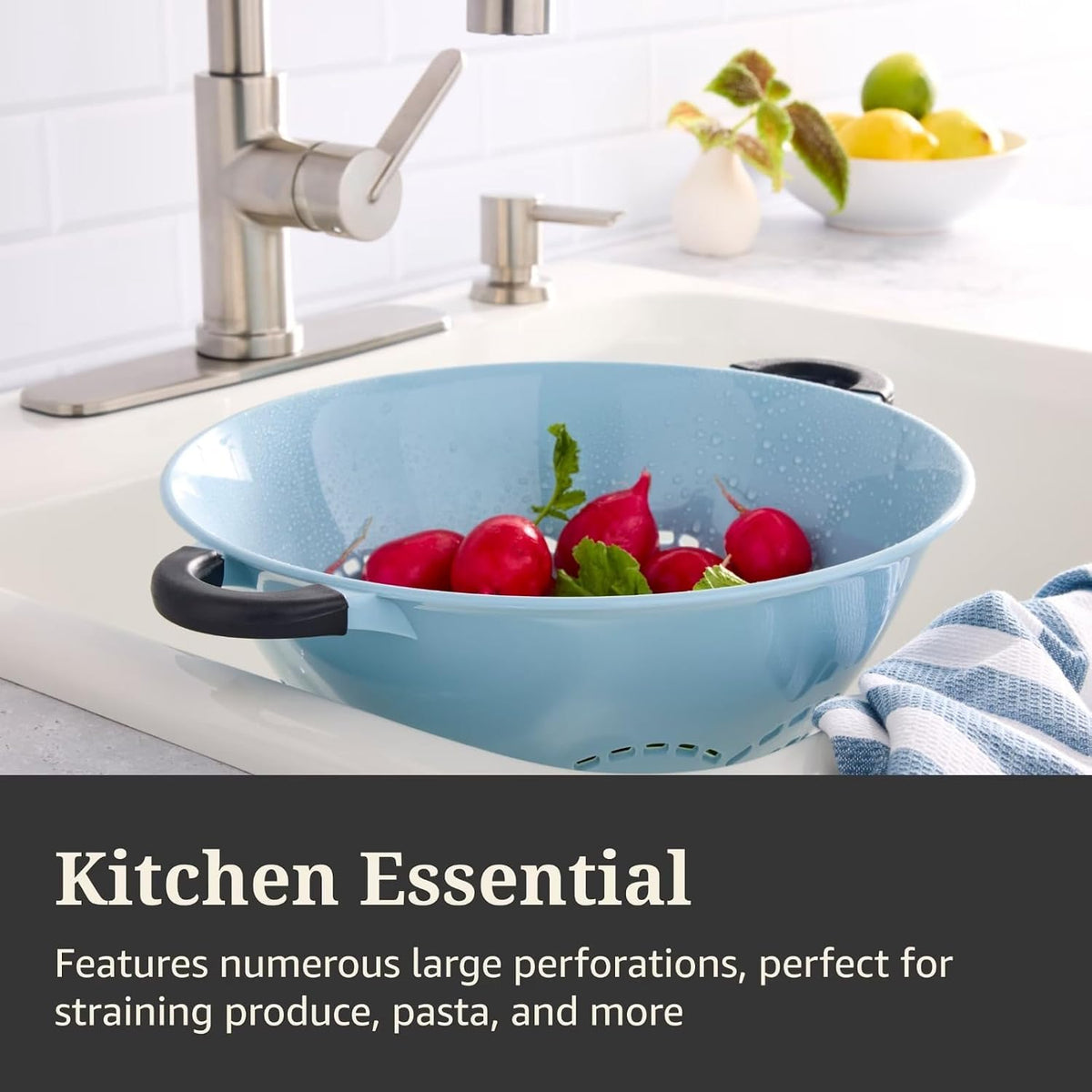 5 Qt Colander,Slate Blue Plastic with Soft Grip Handles&Raised Feet,Durable