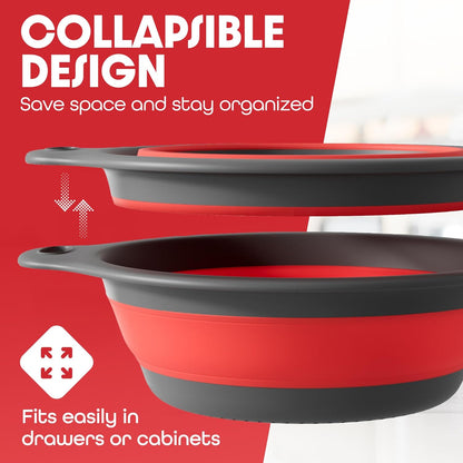 Gevoli Strainer with Self-Draining Base (5QT) Over-Sink Collapsible Kitchen Colander Set with Side-drain Base for Pasta Vegetables and Fruit, XL Large Capacity, Dishwasher Safe (5-Quart) Red/Gray