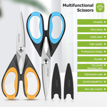 iBayam 2 Pack All Purpose Kitchen Shears Heavy Duty - Stainless Steel Kitchen Scissors With Protective Sheath, Soft Comfort-Grip Handle, Food & Meat Scissors, Home, Kitchen, Dining Utility Gadgets