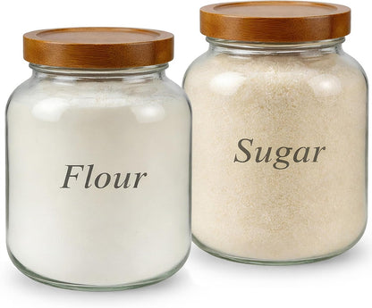 2 Pack Glass Flour Sugar Storage Containers with Acacia Wooden Lid, 1 Gallon Glass Jars with Airtight Lid, Wide Mouth Large Mason Jars 128oz for Rice, Pasta, Oats, Coffee Storage