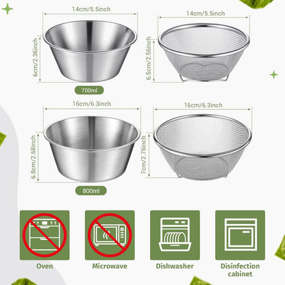 Baderke 2 Pcs Mini Colander & Food Strainer 304 Stainless Steel Small Mixing Colanders Bowl Rice Strainer for Kitchen Cooking Fruit Washing Vegetable(5.51 x 2.36 Inches,Silvery)