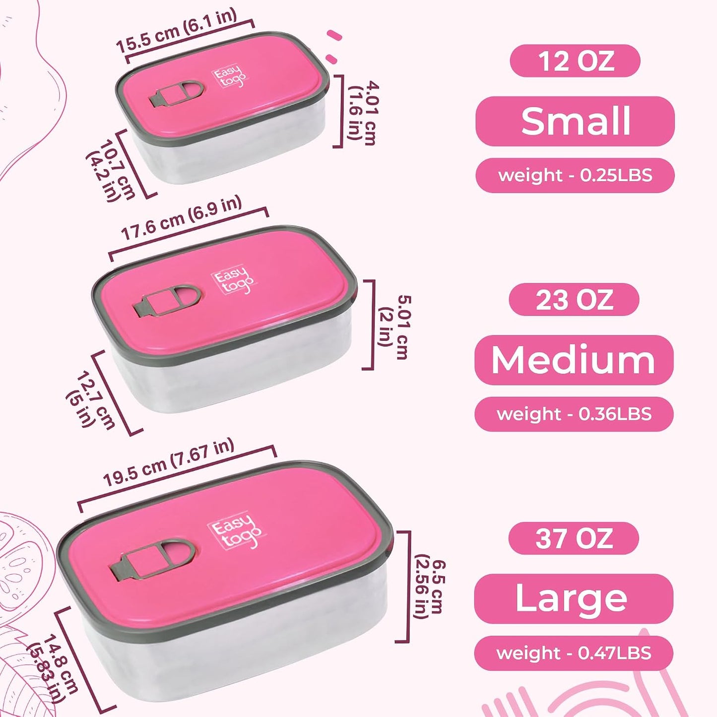 3-Pack Stainless Steel Lunch Containers – Airtight Leakproof Food Storage Boxes for Meal Prep, Snacks & Leftovers – 37oz + 23oz + 12oz, Pink Lid, Reusable Bento Set for Adults