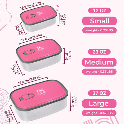 3-Pack Stainless Steel Lunch Containers – Airtight Leakproof Food Storage Boxes for Meal Prep, Snacks & Leftovers – 37oz + 23oz + 12oz, Pink Lid, Reusable Bento Set for Adults