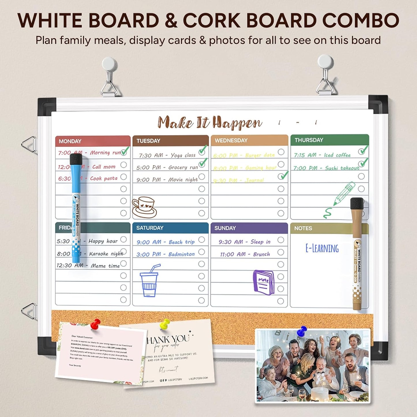 Marsrock Weekly Calendar Whiteboard and Cork Board Combo for Wall, 17"x13" Reversible Hanging Dry Erase Board, Double Sided White Board with Aluminum Frame for Planning, Office, Kitchen, School, Home