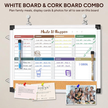 Marsrock Weekly Calendar Whiteboard and Cork Board Combo for Wall, 17"x13" Reversible Hanging Dry Erase Board, Double Sided White Board with Aluminum Frame for Planning, Office, Kitchen, School, Home