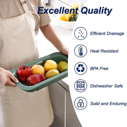 Extendable Sink Colander Strainer Basket - Wash Vegetables and Fruits, Drain Cooked Pasta and Dry Dishes - Adjustable Over the Sink Colander Collapsible Drainer Basket - White