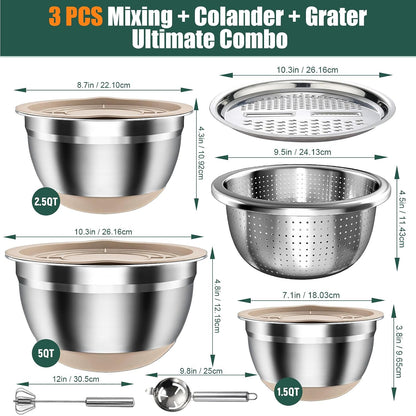 Stainless Steel Mixing Bowls Set with Lids & Silicone Base - 7-Piece Kitchen Gadgets Includes Colander, Grater, Egg Separator, Whisk - Nesting Bowls (1.5, 2, 2.5, 4.5 QT), Dishwasher Safe, Black