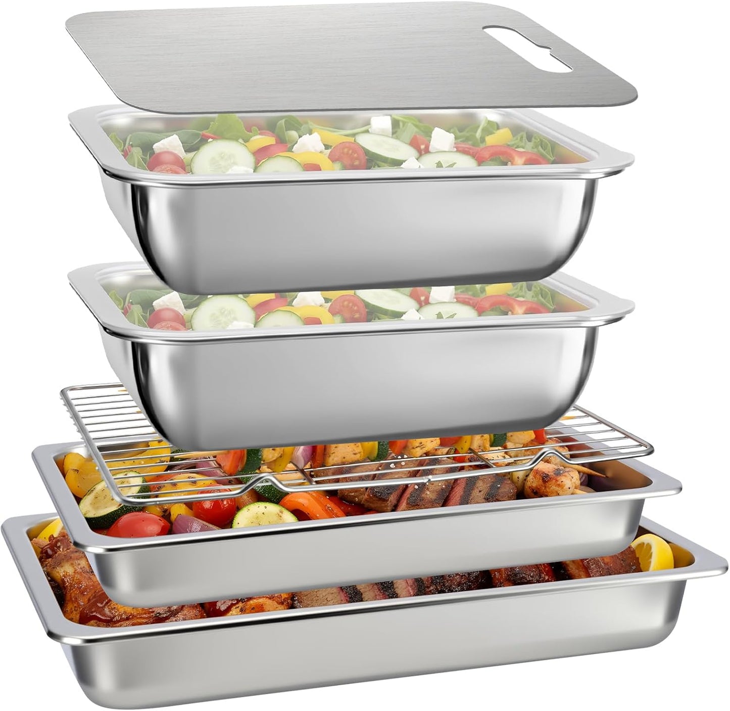 6 Pcs Grilling Prep and Serve Tray Set BBQ Stainless Steel Grill Carry System Includes Wire Rack 2 Grill Serving Trays 2 Marinating Container with Lid Cutting Board for BBQ Outdoor Grilling