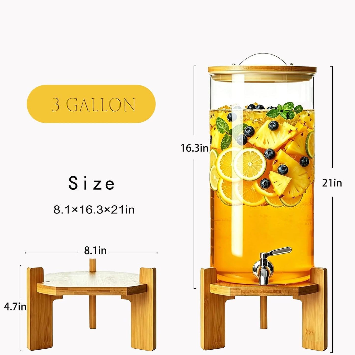 Beverage Dispenser, 4Gallon Glass Drink Dispenser with Stand, Stainless Steel Spigot, Ideal for Parties, Bars, Restaurants (15L/4 Gallon)