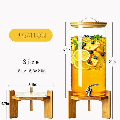 Beverage Dispenser, 4Gallon Glass Drink Dispenser with Stand, Stainless Steel Spigot, Ideal for Parties, Bars, Restaurants (15L/4 Gallon)