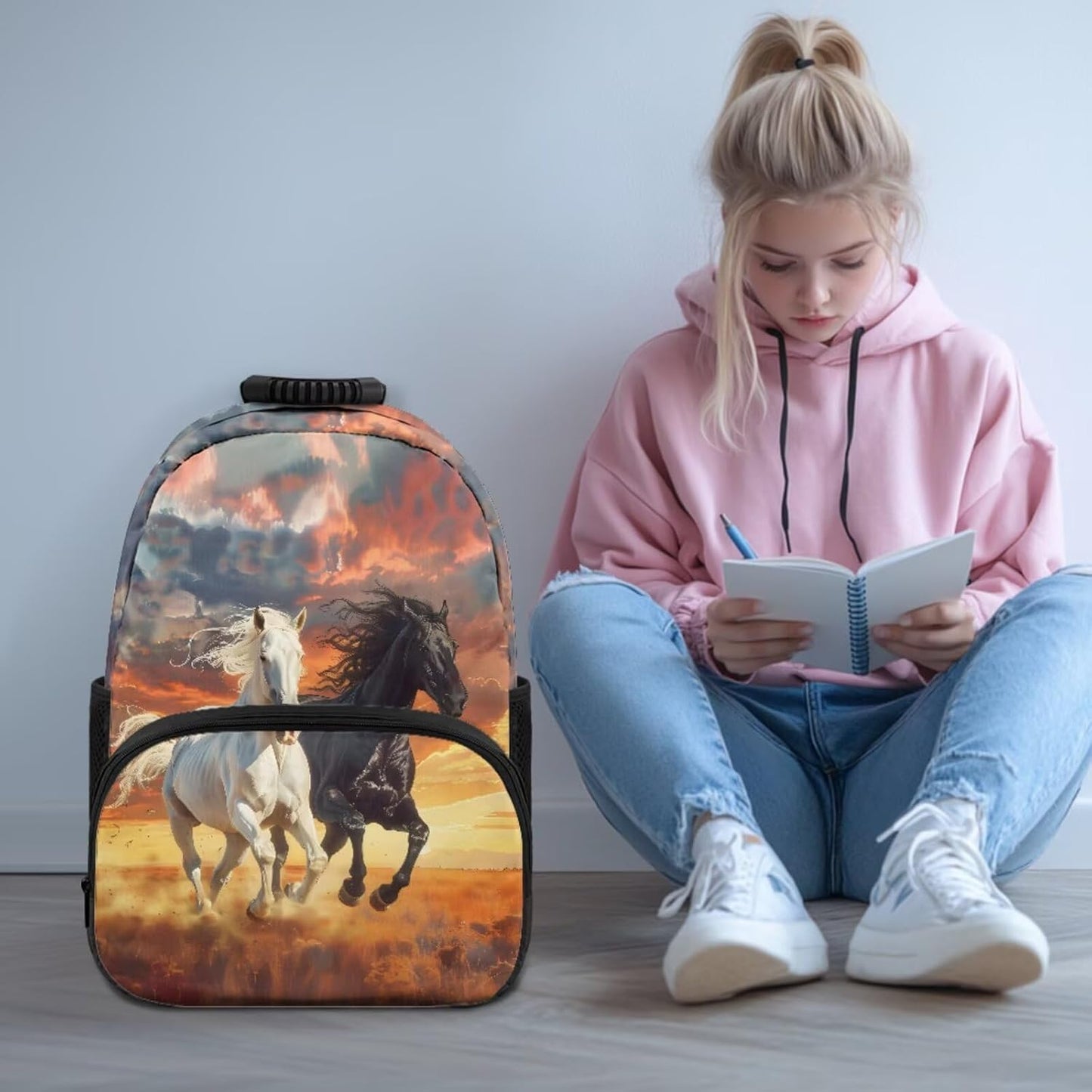 Highland Cow Backpack with Lunch Box Set for Kids Sunflower School Backpack for Girls Boys Back to School Bag Student Travel Backpacks Reusable Utensils Pen Case Water Bottle Bag 5PCS