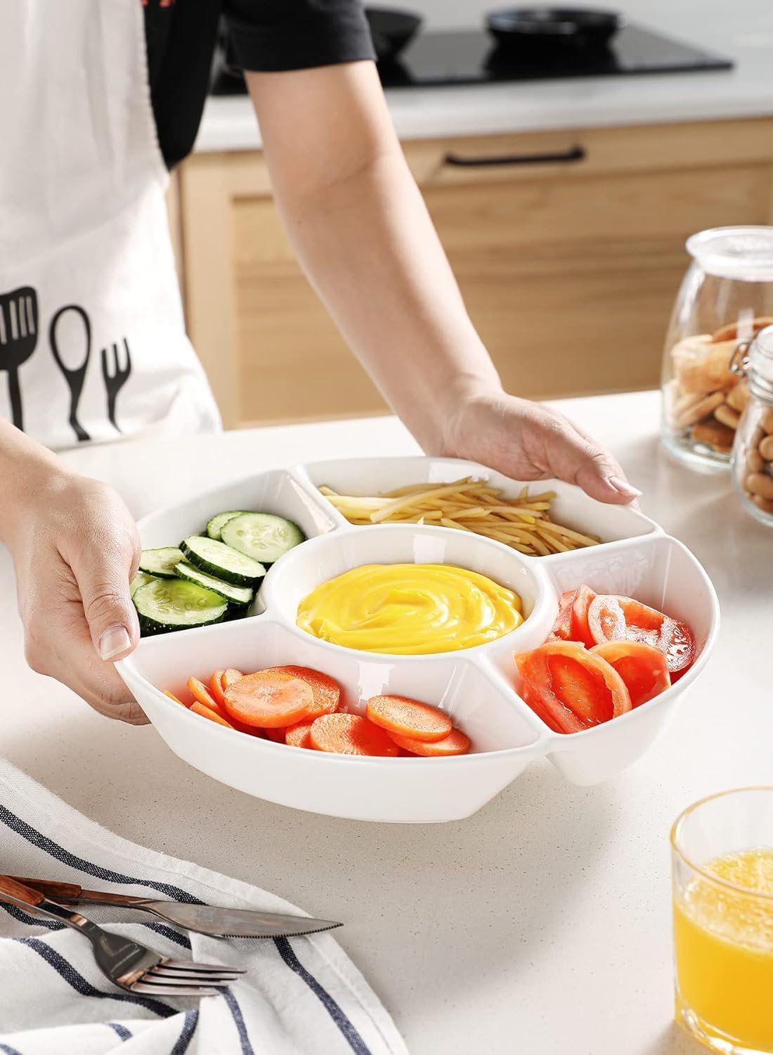 Ceramic Chip and Dip Serving Tray,Porcelain Divided Serving Platter, Perfect for Chips and Dip, Veggies, Candy and Snacks (12Inch)