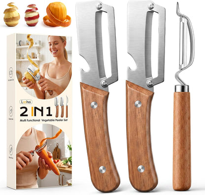 3-Pack Multi-Functional Vegetable Peeler for Kitchen, Ultra Sharp Stainless Steel Fruit & Potato Peelers with Ergonomic Wood Handle for Apple, Carrot, Cucumber, Pumpkin & Everyday Cooking