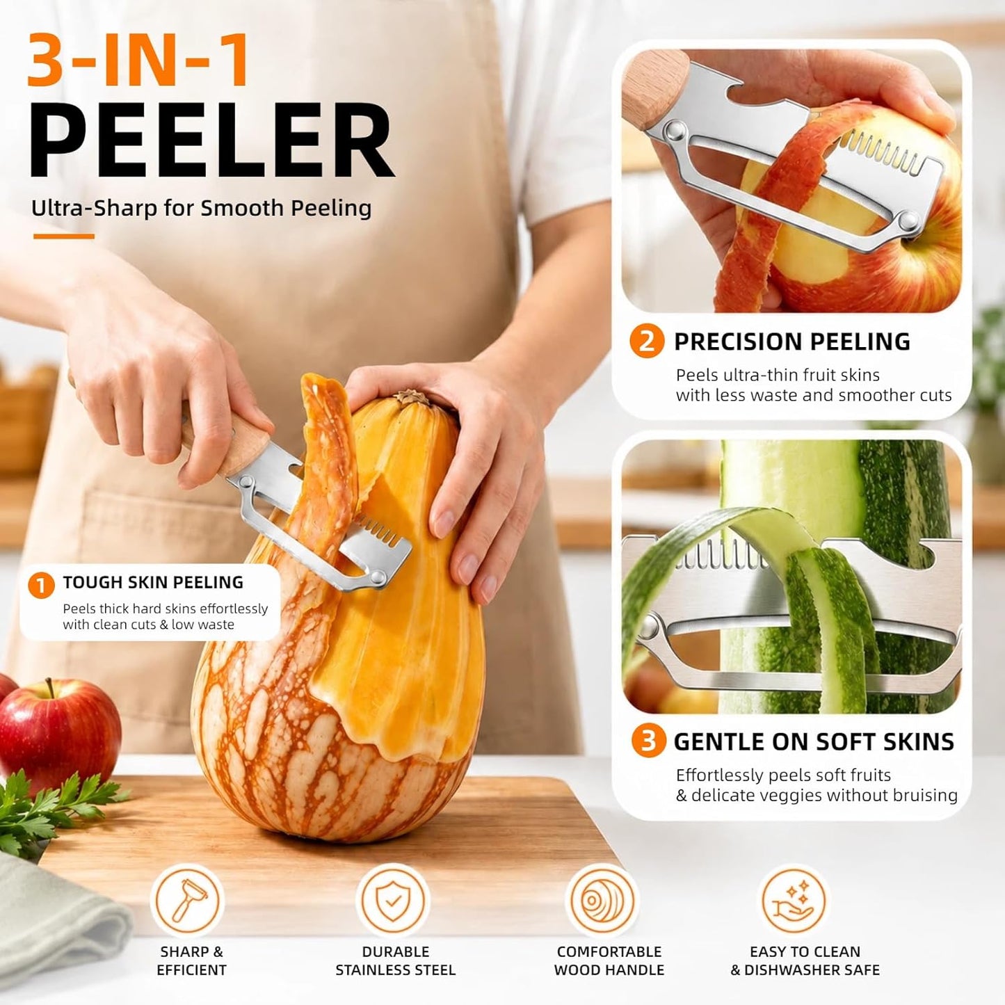 2 Pack Vegetable Peeler, 3 in 1 Multifunctional Veggie Peeler with Wooden Handle, Stainless Steel Blade Potato Carrot Fruit Peeler with Julienne Shredder & Bottle Opener Kitchen Gadget