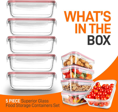 NutriChef 10 Piece Glass Food Storage Containers with Lids – 30 oz Meal Prep Containers Reusable – Airtight Glass Lunch Containers for Food Storage – Freezer to Oven Safe - Gray