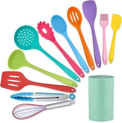 LIANYU 12-Piece Silicone Kitchen Cooking Utensils Set with Holder, Kitchen Tools Include Slotted Spatula Spoon Turner Ladle Tong Whisk, Dishwasher Safe, Dark Blue