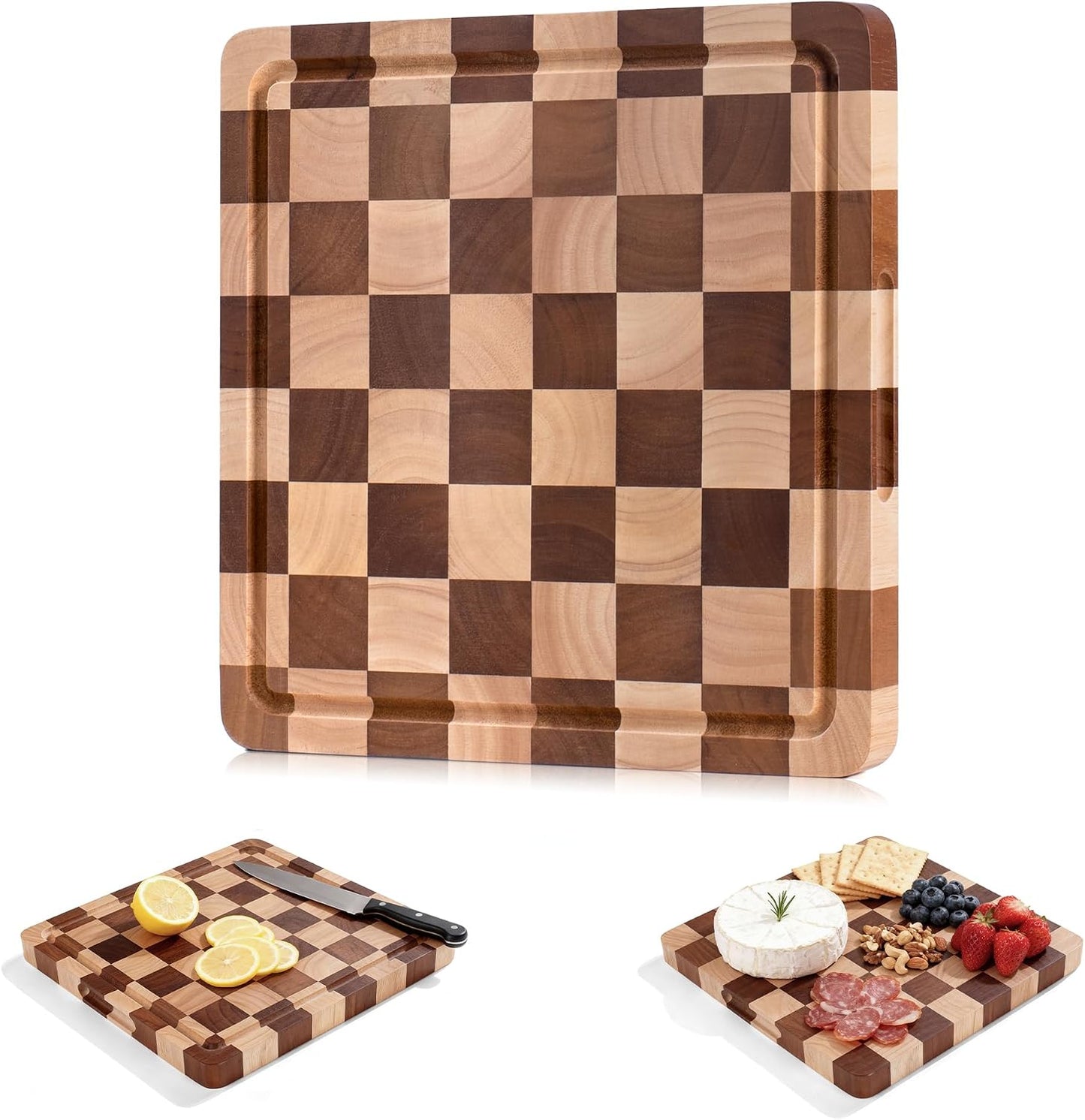 WILLKOMMEN Checkered Cutting Board Set, 3-Piece Wood Checkerboard End Grain Chopping Boards with Holder & Juice Groove Wooden Kitchen Cutting Board for Cooking and Serving (S, M, L)
