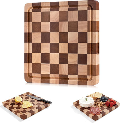 WILLKOMMEN Checkered Cutting Board Set, 3-Piece Wood Checkerboard End Grain Chopping Boards with Holder & Juice Groove Wooden Kitchen Cutting Board for Cooking and Serving (S, M, L)