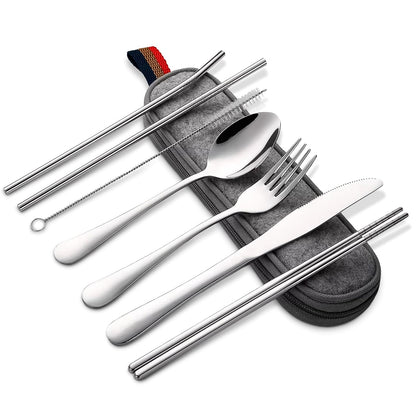 8-Piece Travel Silverware Set with Case – Stainless Steel Reusable Utensils for Camping, Picnic, Work, Lunch Box, and Travel Dishwasher Safe, Compact and Portable – Great for On-the-Go Meals