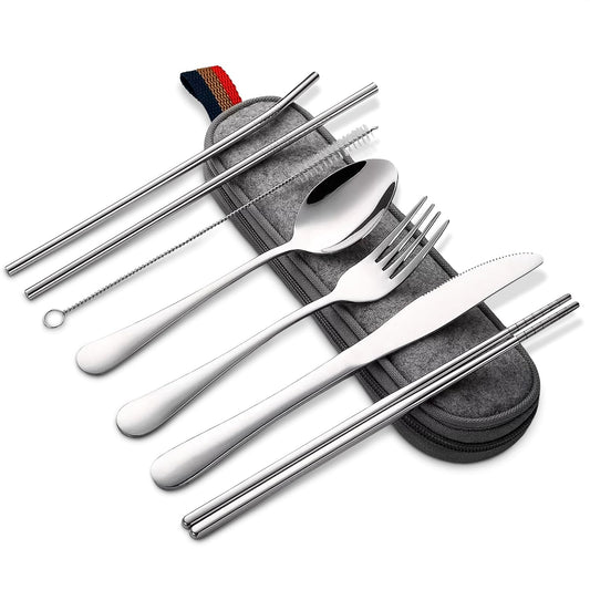 8-Piece Travel Silverware Set with Case – Stainless Steel Reusable Utensils for Camping, Picnic, Work, Lunch Box, and Travel Dishwasher Safe, Compact and Portable – Great for On-the-Go Meals