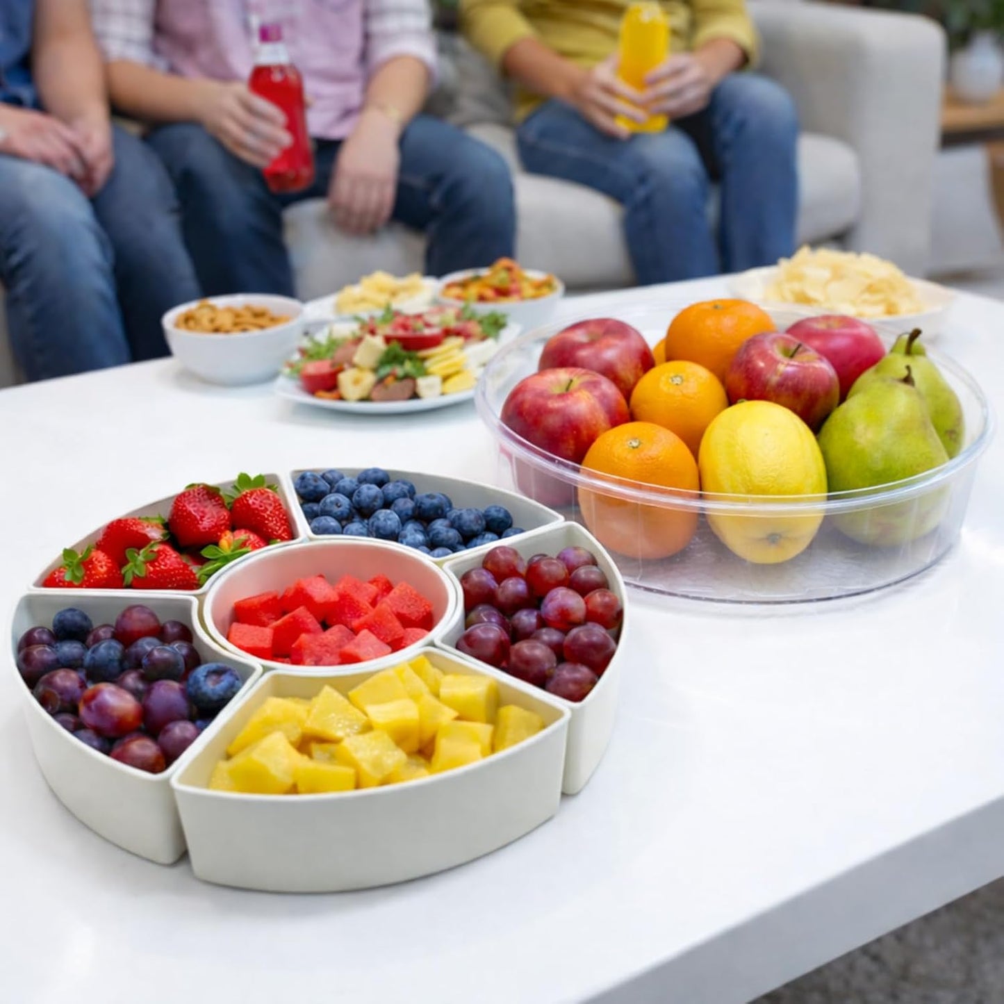 Vegetable Serving Tray with Lid and Handle, 12-Inch Rotating Fruit Tray with 5 Divided Sections & Center Bowl, Round Veggie Tray Container for Family Snacks, Parties & Movie Nights