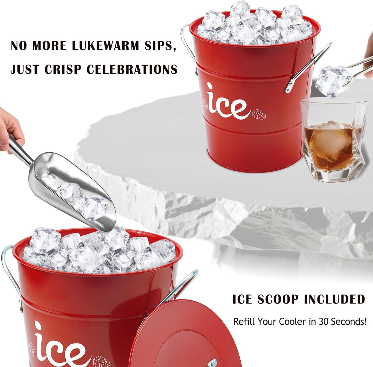 Double Wall Ice Bucket with Thermometer, Metal Wine Chiller Bucket with Lid & Scoop - for Champagne, Wine, Cocktails and Parties, Large Insulated Ice Holder - Perfect for Home & Outdoor Use,Red