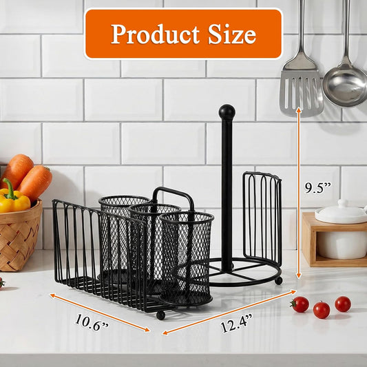 Elsjoy Picnic Utensil Holder Caddy with Handle & Paper Towel Holder, Metal Silverware Organizer Portable Flatware Holder for Cutlery, Fork, Spoon, Plate, Napkin