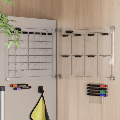 Acrylic Magnetic Calendar for Fridge, Set of 2 Clear Dry Erase Calendar Reusable Planning Boards Monthly & Weekly Black, with Wet Erasable Markers 16" x 12" inches