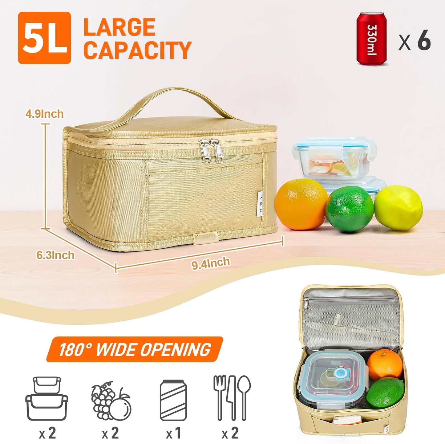 NOL Mini Insulated Lunch Bag for Women Men Kids | Small Leakproof Reusable Lunch Tote | Fits 6 Cans 330ml | Thermal Cooler for Work School Picnic Camping, Navy blue