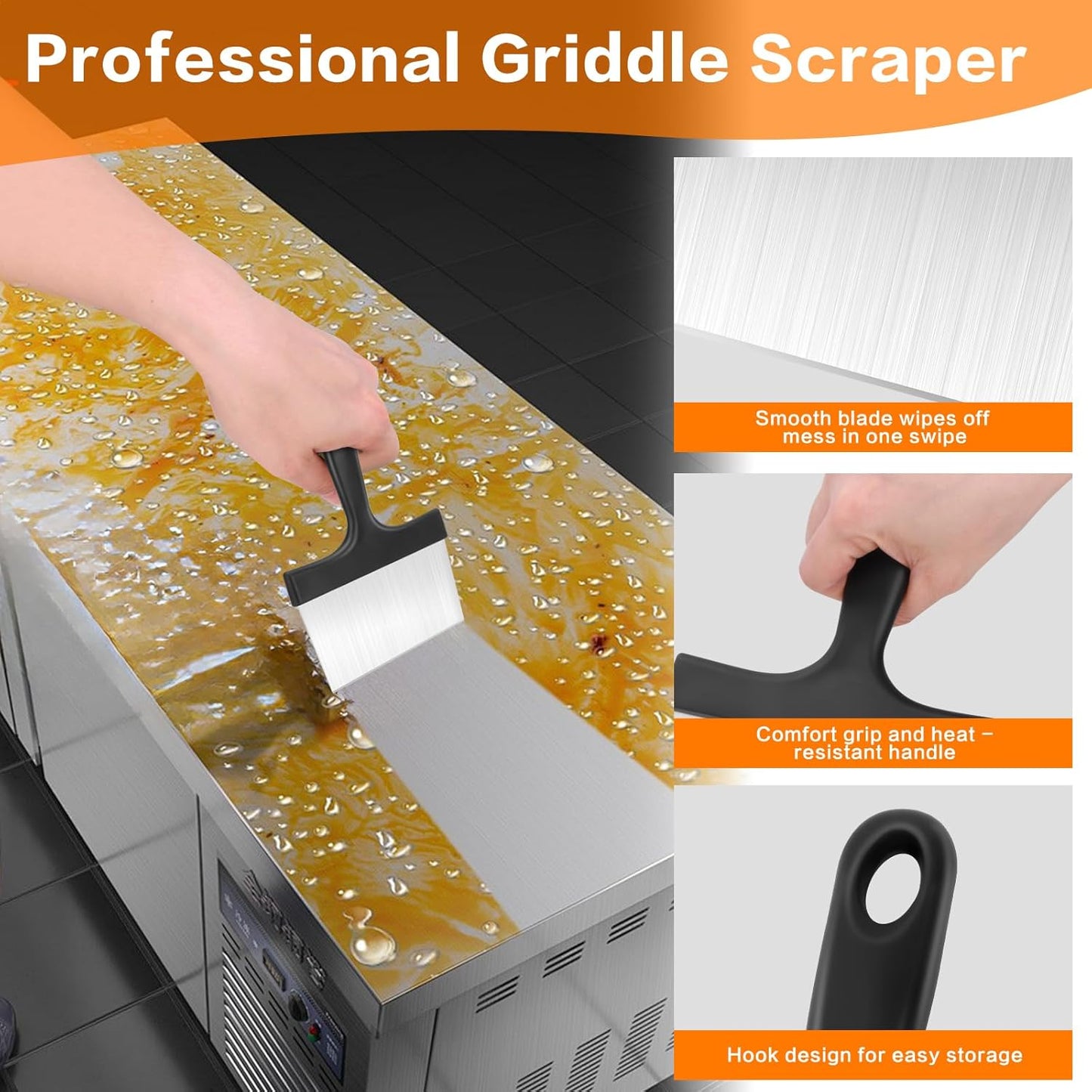 Heavy Duty Stainless Steel Grill Scraper, 3-in-1 Professional Griddle Scraper for Blackstone Grill Accessories with Comfort Grip Handle - for Flat Top Grill & Outdoor Barbecue Tools