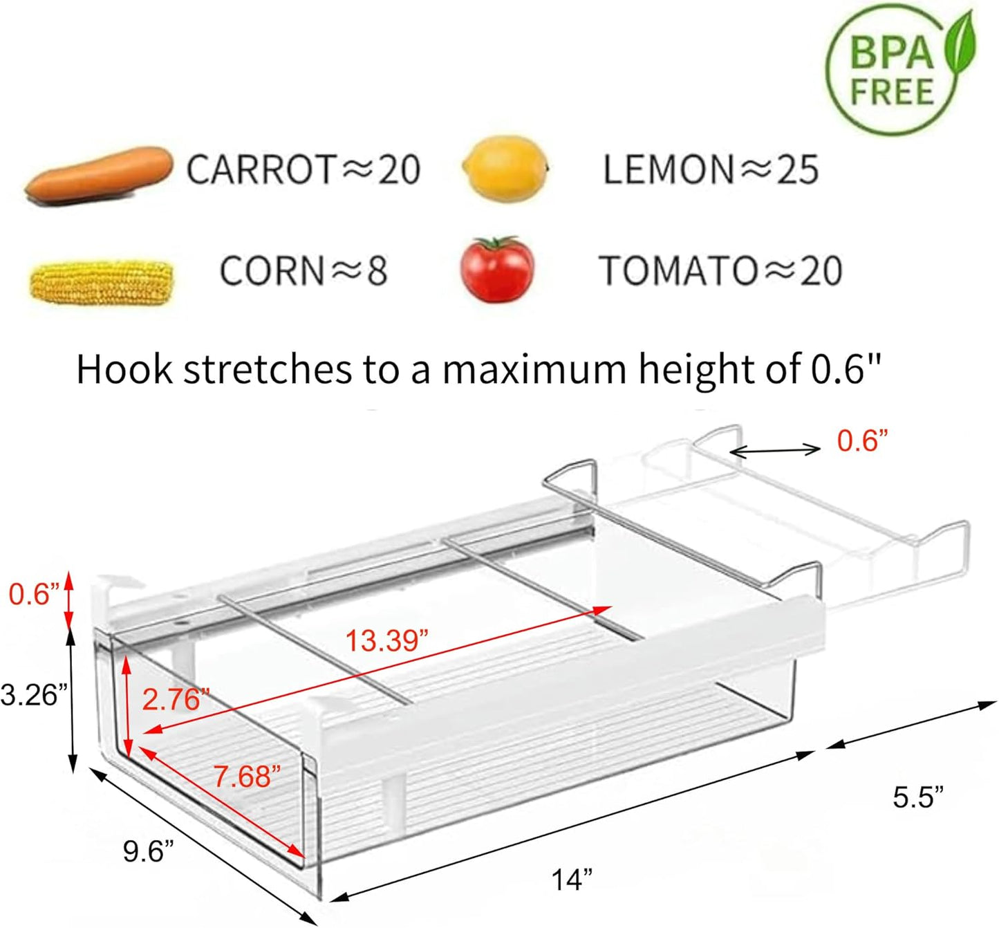 vacane Upgraded Refrigerator Drawers Organizer - Pull Out Fridge Bins with Handle, Extra-Long 19.5" Stretchable and Deep Storage