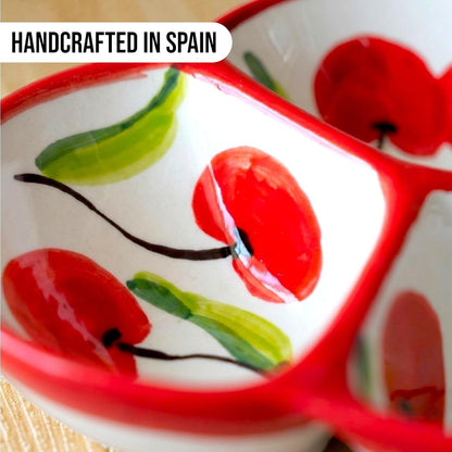 Ceramic Chip & Dip Bowl 7.5”, 3-Compartment Divided Serving Dish & Condiment Tray for Appetizers – Handmade in Spain, Lead-Free Glaze, Microwave, Oven & Dishwasher Safe