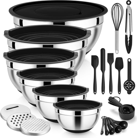 E-far 25PCS Mixing Bowls with Lid Set, Stainless Steel Nesting Prep Bowls with Grater Attachments Non-Slip Bottoms for Cooking, Serving, Food Storage, 4.6/2.6/2/1.5/1/0.7QT - Khaki