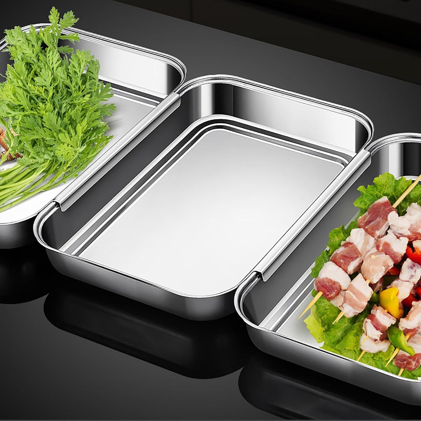 3Pcs Stainless Steel Breading Trays Set, Breading Dishes for Chicken Breasts, Marinating Meat and Prepping Meals (10.4" x 7.7" x 1.9")