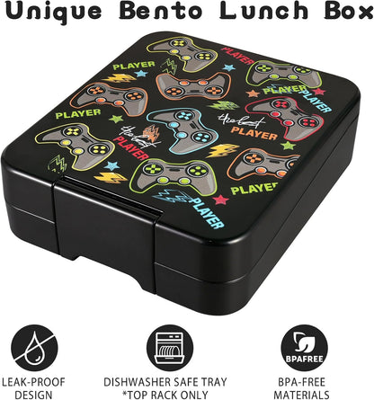 Bento Lunch Box Set for Kids with 10oz Soup Thermo, Leak-Proof Lunch Containers with 4 Compartment, Kids Thermo Hot Food Jar and Insulated Lunch Bag for Kid to School,BPA-Free(Dragon)