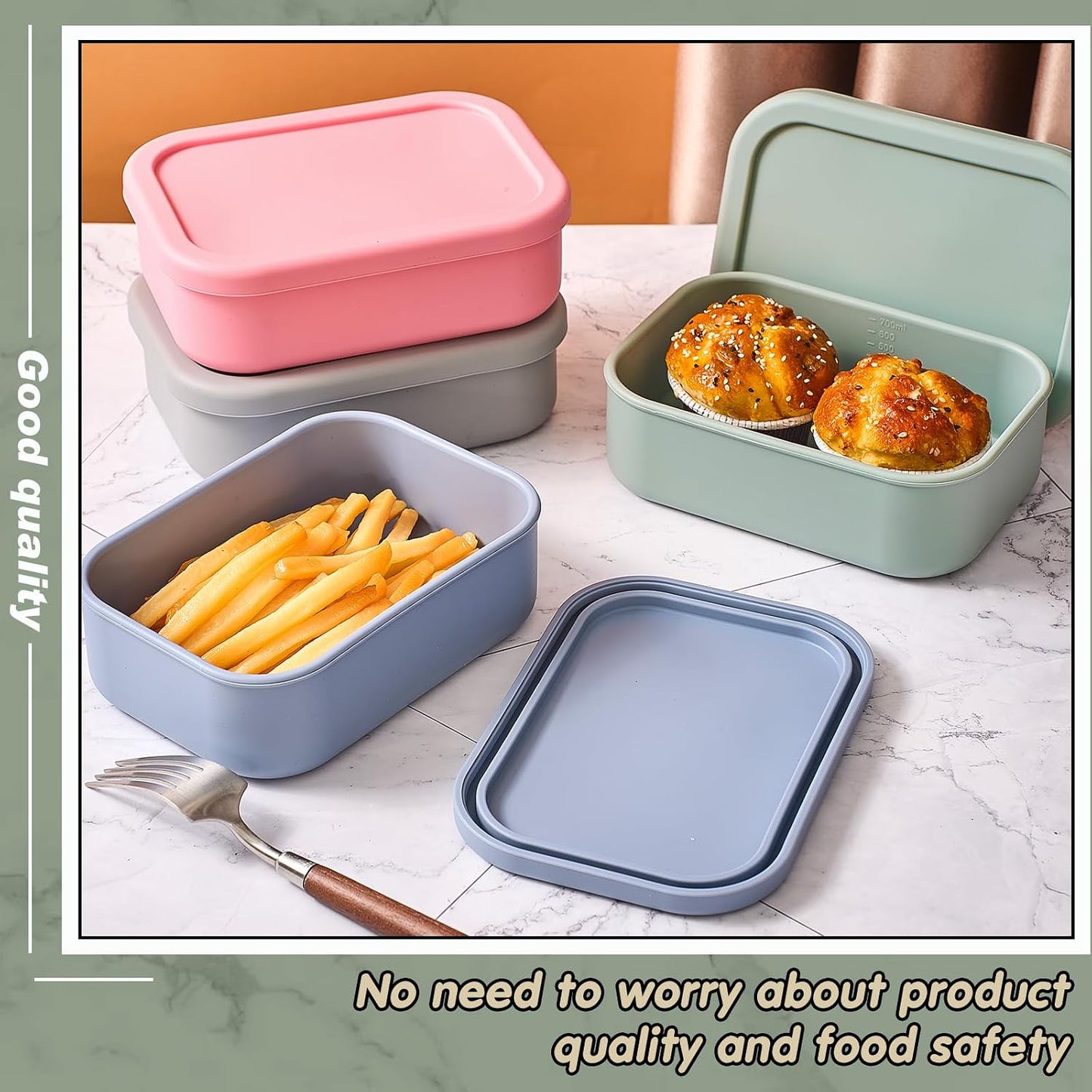 Layhit 4 Pcs Silicone Bento Box Lunch Box for Adult, 23.7 oz Reusable Sandwich Containers Food Storage with Lids Airtight for Lunch Meals Snacks, Dishwasher Freezer Safe (Matte Multicolor)